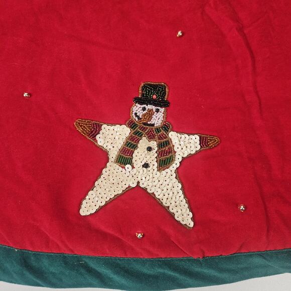 Vtg HANDMADE Christmas Felt Tree Skirt Sequins Beaded Snowman Star Retro 52" - Picture 5 of 7